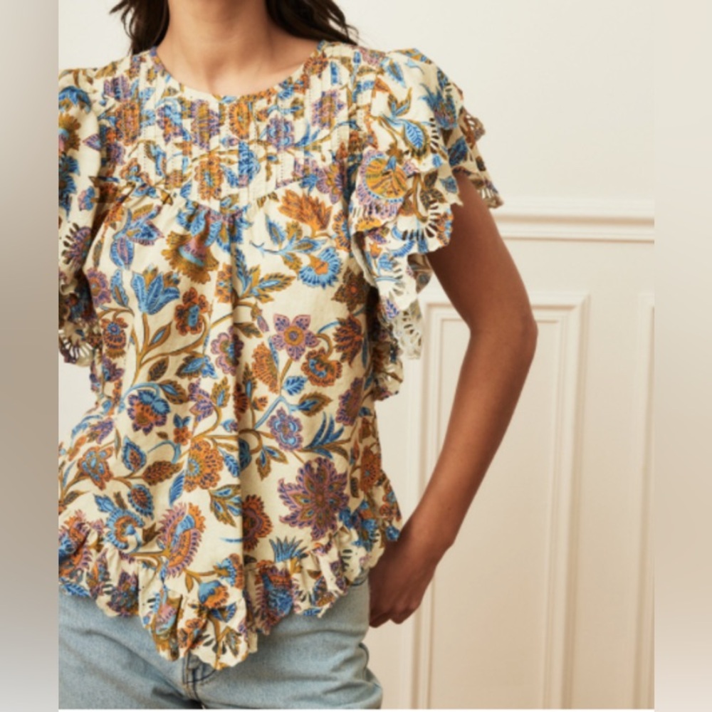 Love The Label Floral Flutter Sleeve Pintuck Eyelet Blouse XS Multi-Color